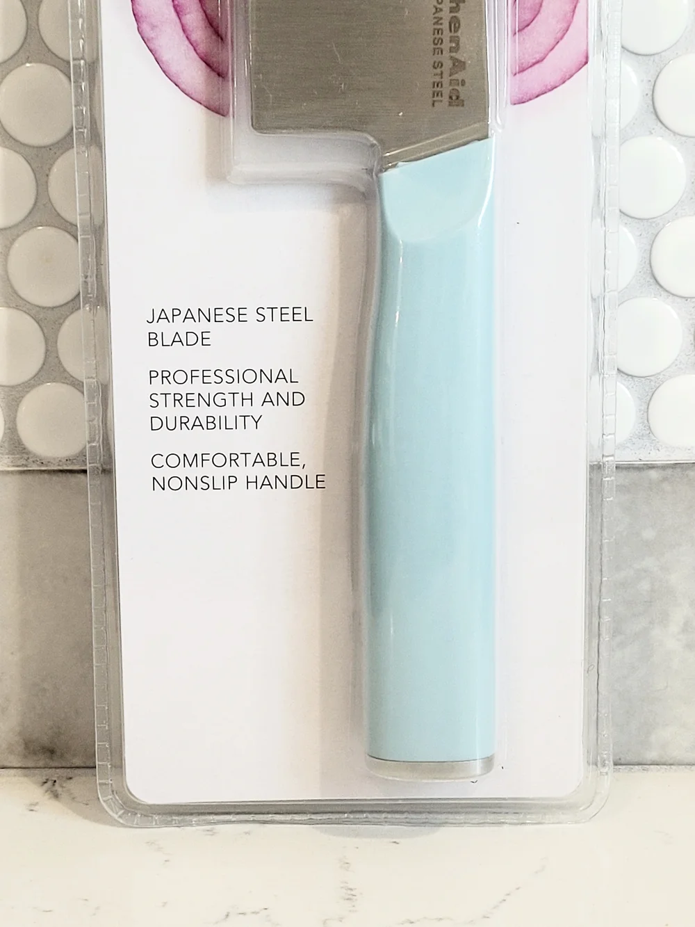 KitchenAid 8-Inch Chef Knife in Light Blue with Blade Cover